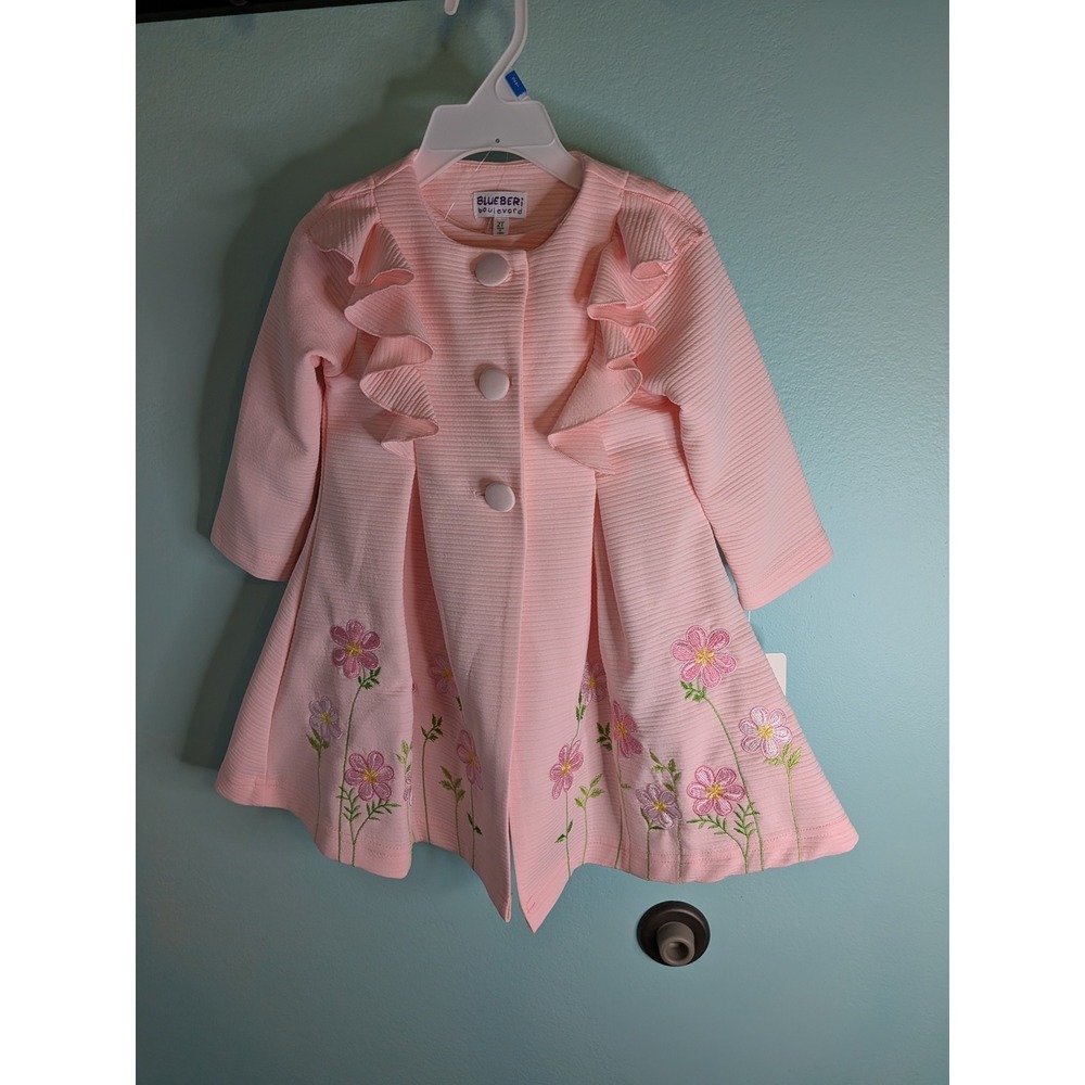 Blueberi Boulevard Girls 2T Pink Floral Embroidered Coat and Glitter Tulle Dress